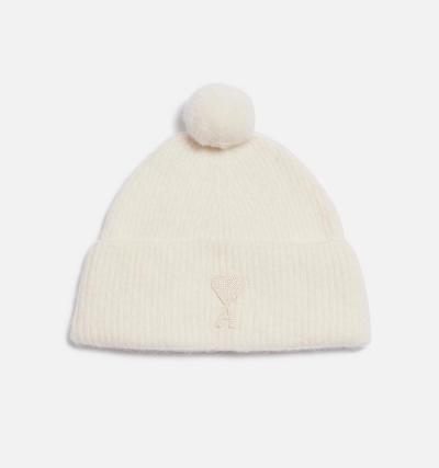 AMI PARIS Ami De Coeur with Pom Pom Beanies Beige | ami_CA145