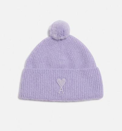 AMI PARIS Ami De Coeur with Pom Pom Beanies Purple | ami_CA478