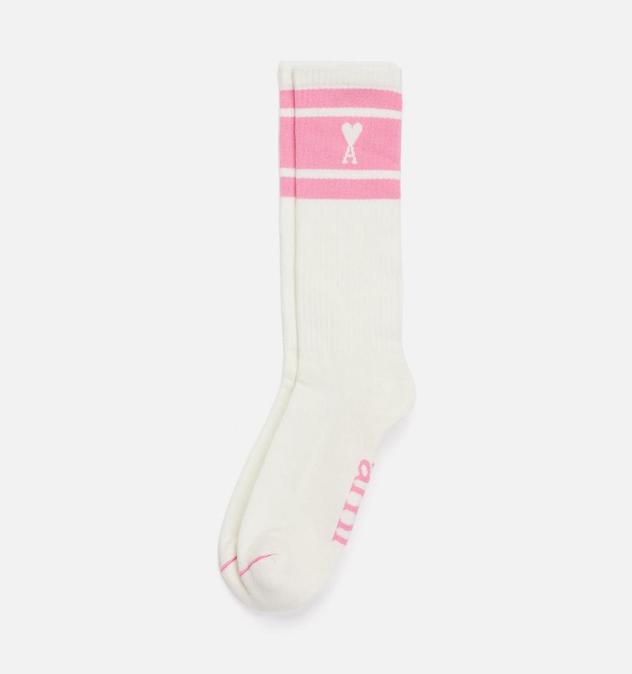 AMI PARIS Ami de Coeur Striped Socks Pink | ami_CA458