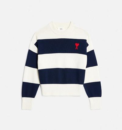 AMI PARIS Ami de Coeur With Rugby Stripes Sweaters White / Navy | ami_CA562