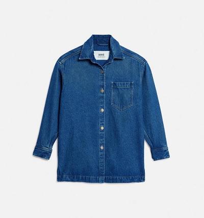 AMI PARIS Overshirt With Print Denim Blue | ami_CA404