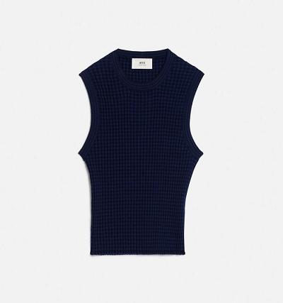 AMI PARIS Pleated Sleeveless Sweaters Navy | ami_CA449