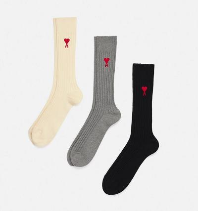 AMI PARIS Three Pack Ami de Coeurs Socks Black / Grey / Beige | ami_CA347
